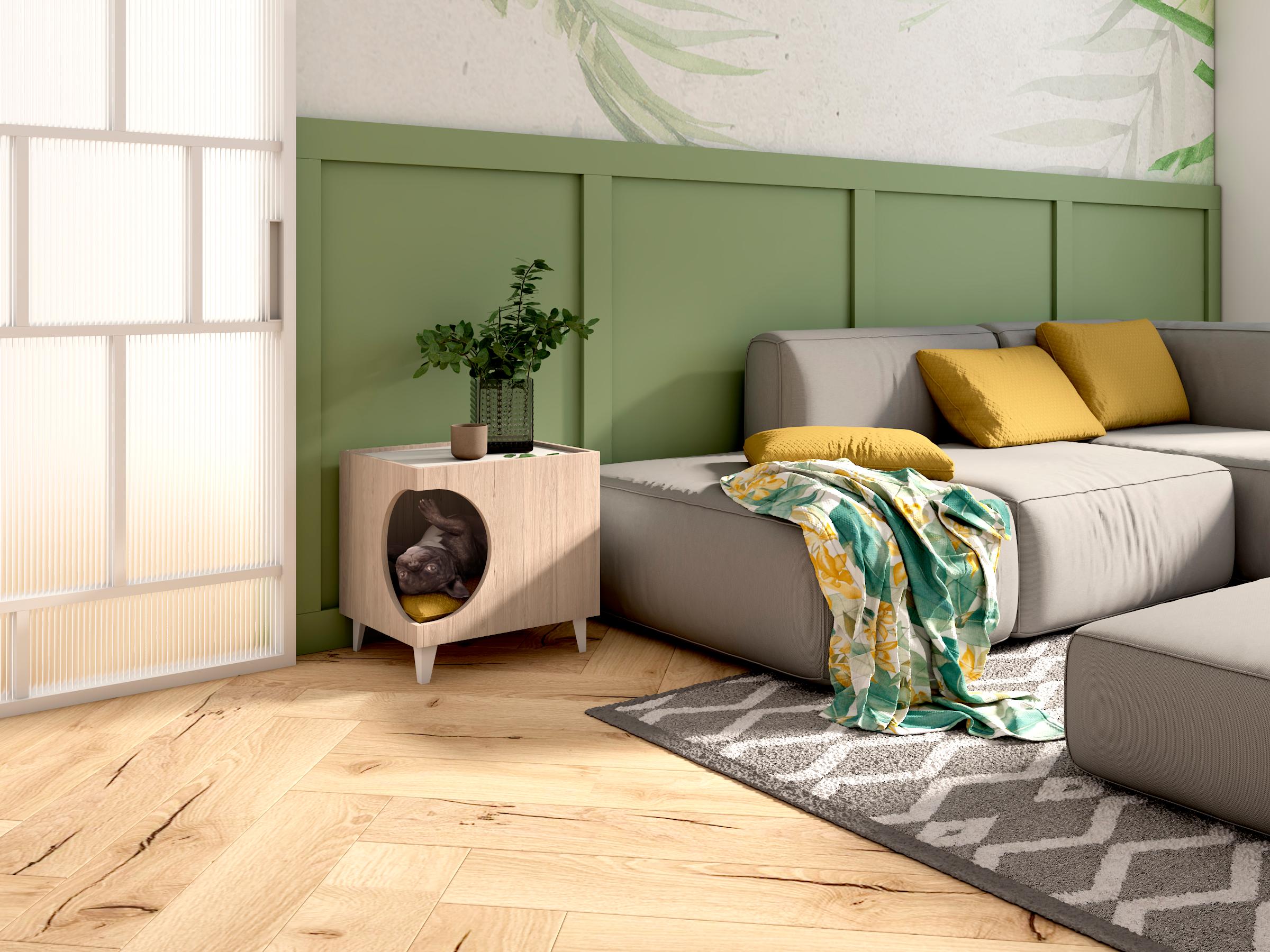 Tavolino cuccia per cani o animali 46,8x37x40cm, ELLIE, ingresso laterale per per lettiera colore Rovere e Bianco RF981