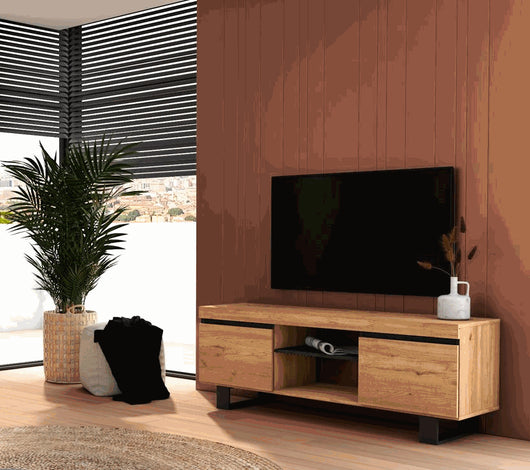 Mobile TV 140x40x53cm con 2 porte e 2 alloggi colore Rovere e nero modello Naturale RF983