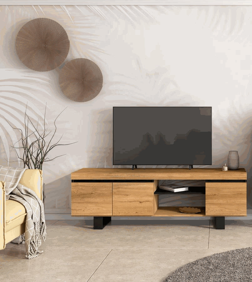 Mobile TV 160x40x53cm da soggiorno con 2 ante e 2 alloggi colore Rovere e Nero modello Naturale RF984