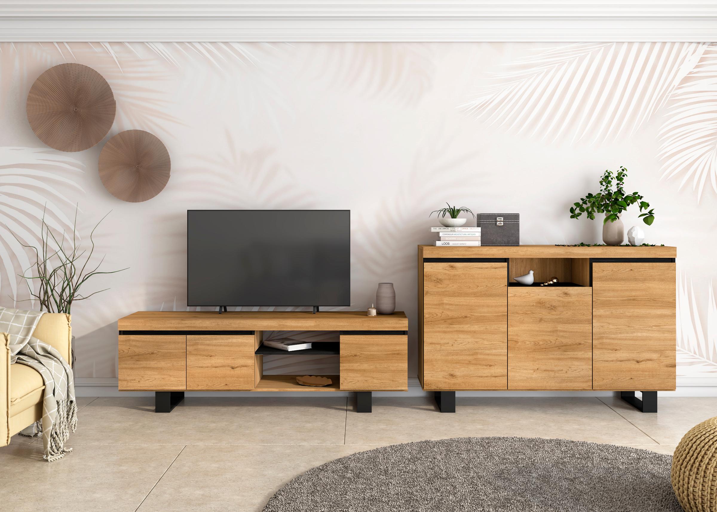 Naturale set sala da pranzo, Credenza-Mobile TV 160cm colore Rovere e nero RF992