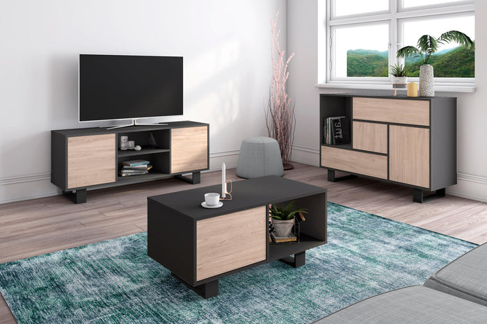 Mobile TV 137x40x57cm con 2 porte soggiorno colore Grigio Antracite e colore Rovere modello Wind RF1006