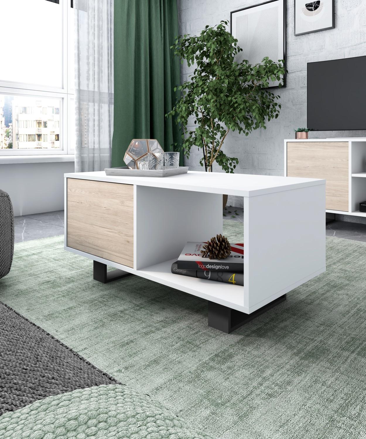 Tavolino con ante 92x50x45cm modello WIND, Bianco e colore Rovere RF1012