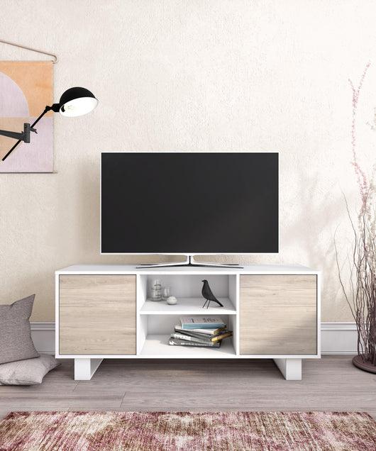 Mobile TV 137x40x57cm a 2 porte soggiorno colore Bianco e  colore Rovere modello Wind RF1023
