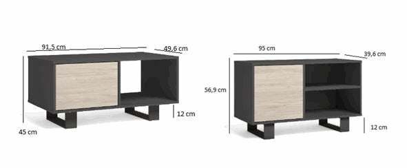 Mobile per Soggiorno e Sala da Pranzo composto da 1 Mobile TV100 e 1 Tavolino colore Grigio e colore Rovere con Gambe Nere RF1122