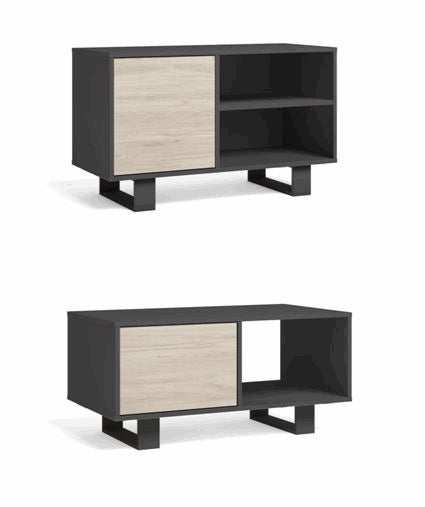 Mobile per Soggiorno e Sala da Pranzo composto da 1 Mobile TV100 e 1 Tavolino colore Grigio e colore Rovere con Gambe Nere RF1122