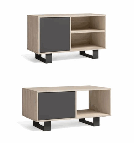 Mobile per Soggiorno e Sala da Pranzo composto da 1 Mobile TV100 e 1 Tavolino colore Rovere e Grigio con Gambe Nere RF1124