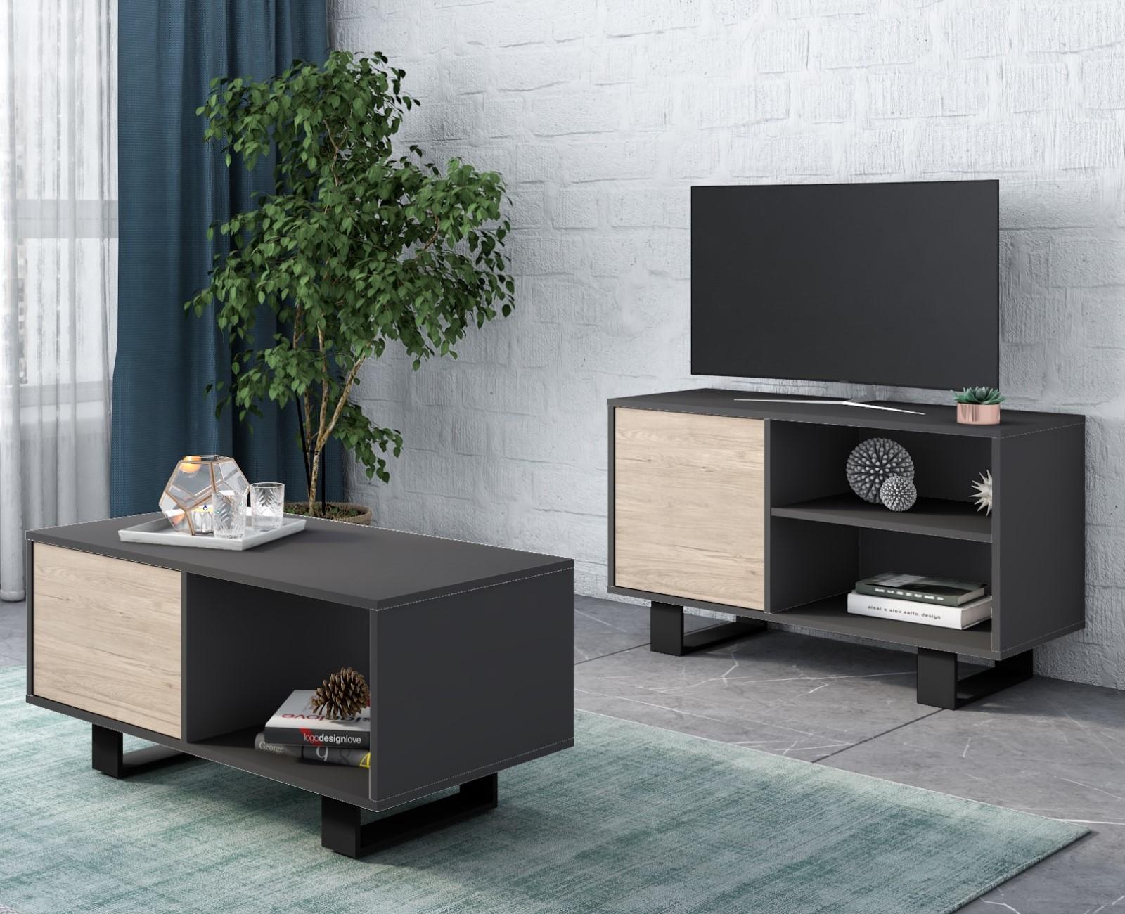 Mobile per Soggiorno e Sala da Pranzo composto da 1 Mobile TV100 e 1 Tavolino colore Grigio e colore Rovere con Gambe Nere RF1122