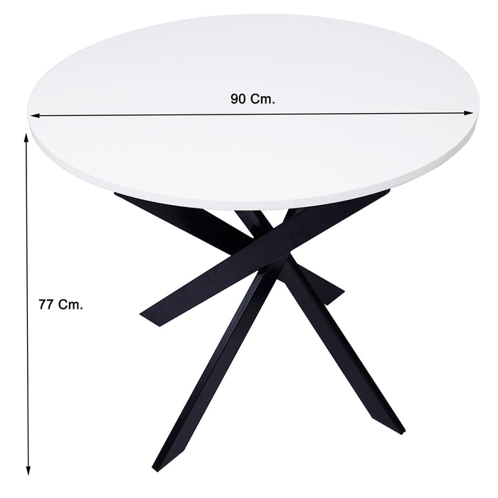 Tavolo da pranzo rotondo ZEN, 90x90x77cm, per 4 persone, Colore bianco opaco, Gambe in metallo laccato nero opaco RF1934