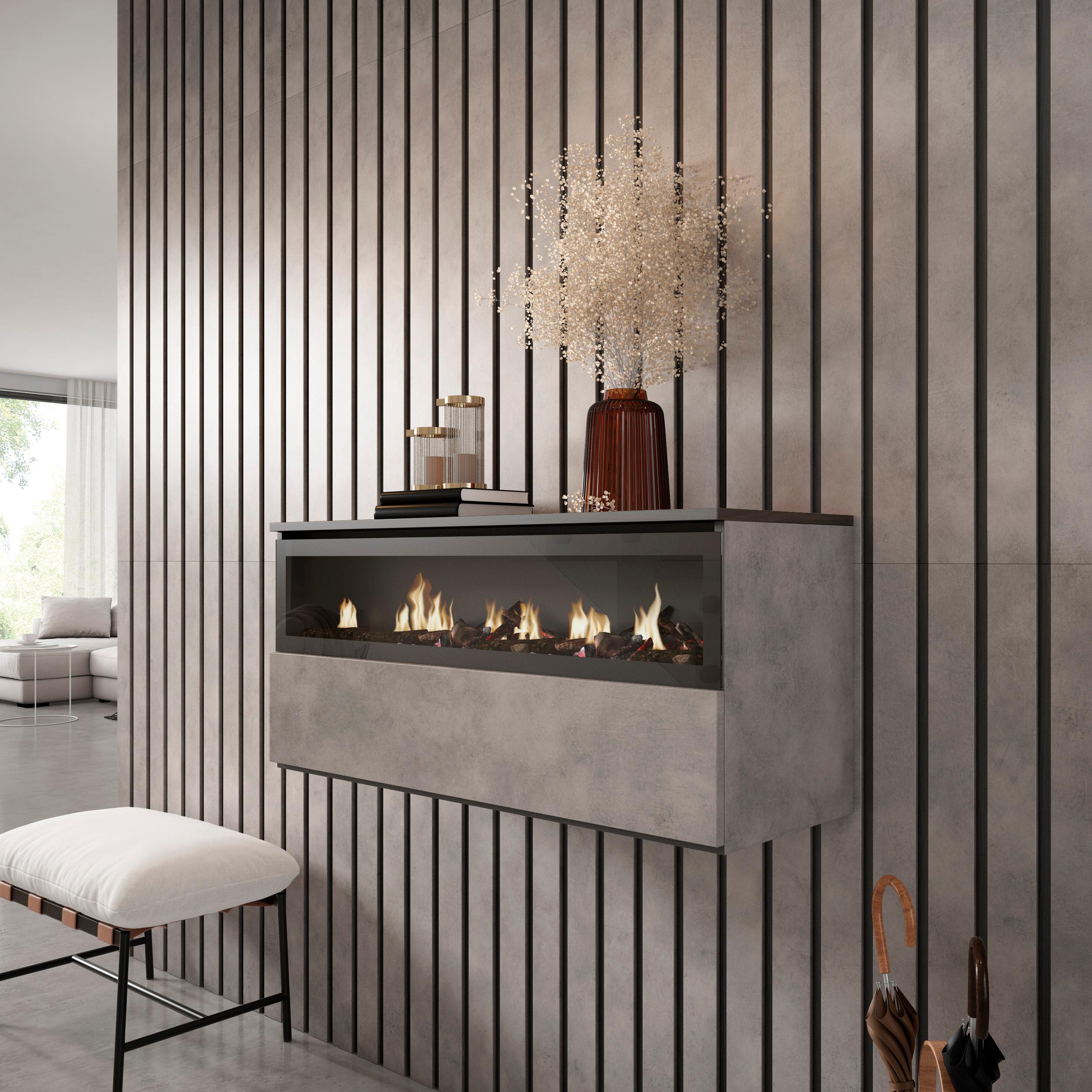 Caminetto elettrico LED, 102x35x45cm, 1 apertura, 1 porta, da appendere, grigio cemento RF2321