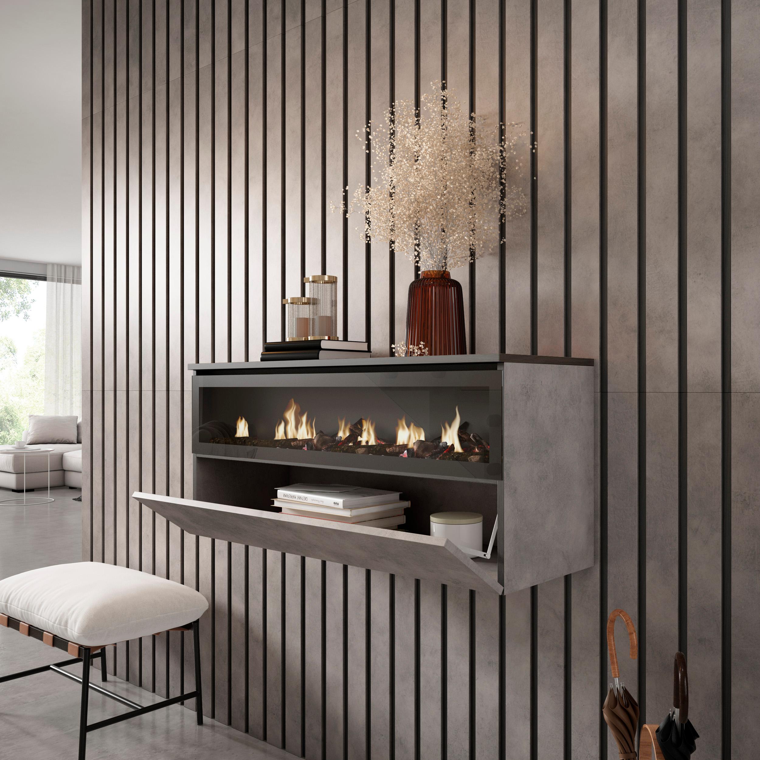 Caminetto elettrico LED, 102x35x45cm, 1 apertura, 1 porta, da appendere, grigio cemento RF2321