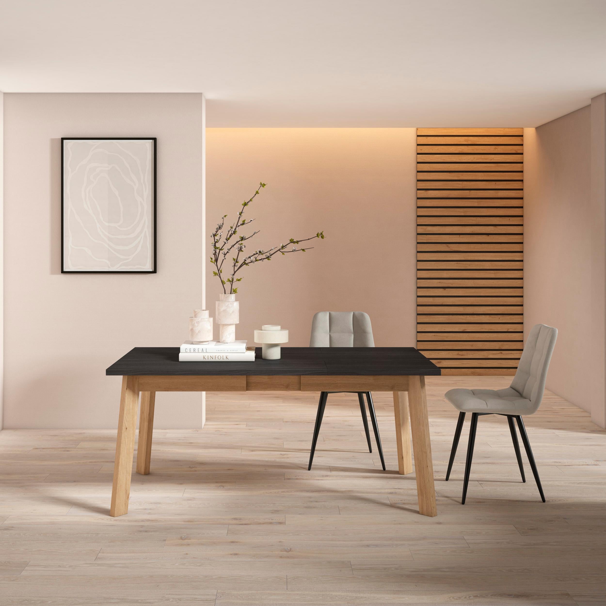 Tavolo da Pranzo, 168x90x74cm, Per 8 persone, Gambe in legno, Nero e colore Rovere RF2896