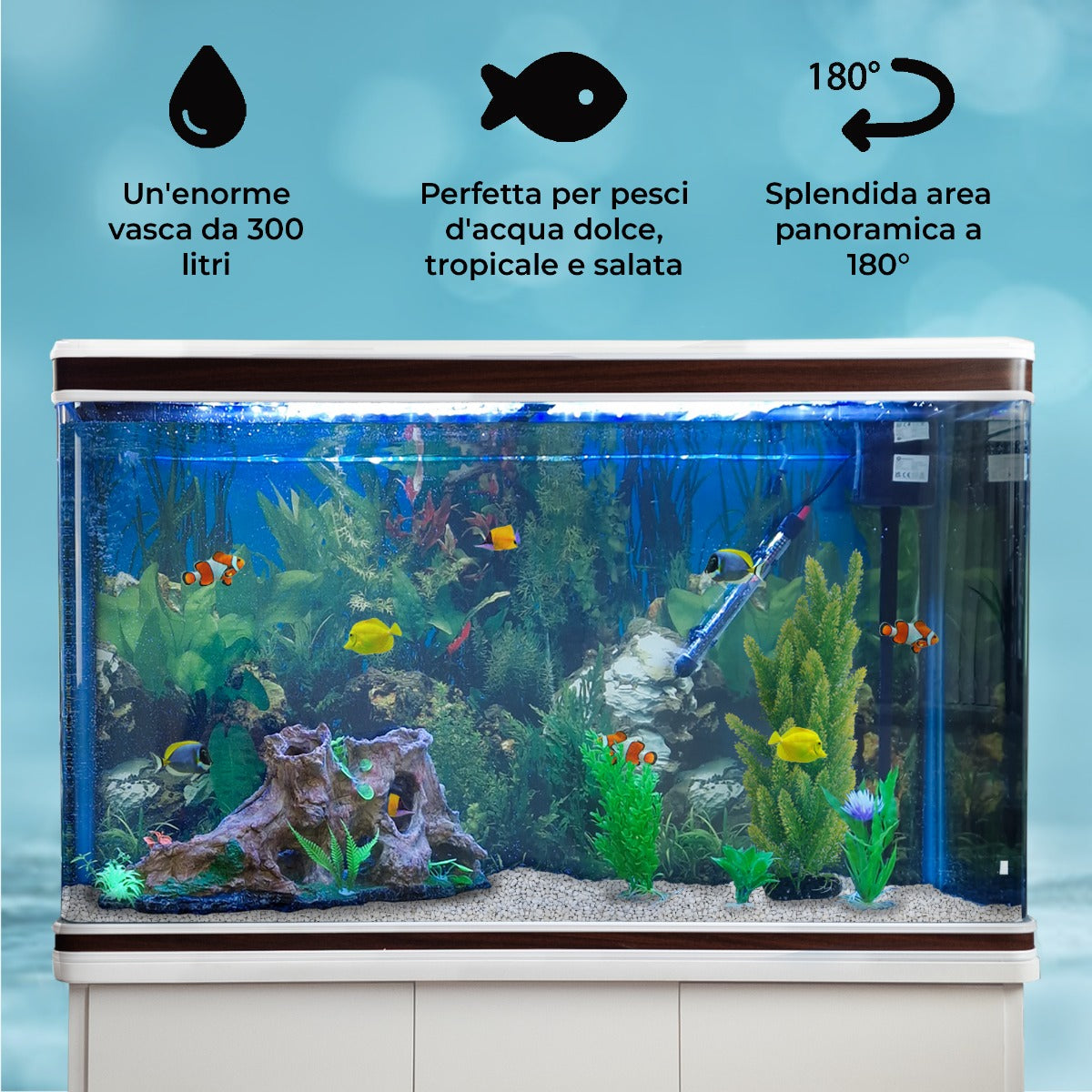 Acquario 300L con Armadietto Bianco e Kit con Fondale, Piante e Ghiaia Bianca