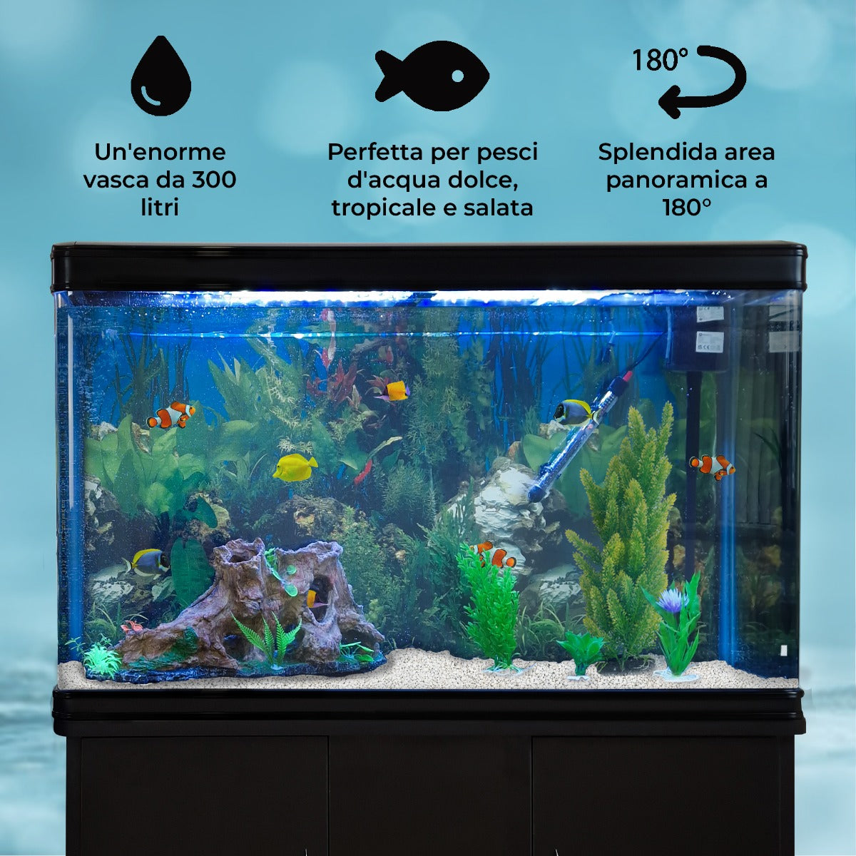 Acquario 300 Litri con Armadietto Nero e Kit con Fondale, Piante e Ghiaia Bianca