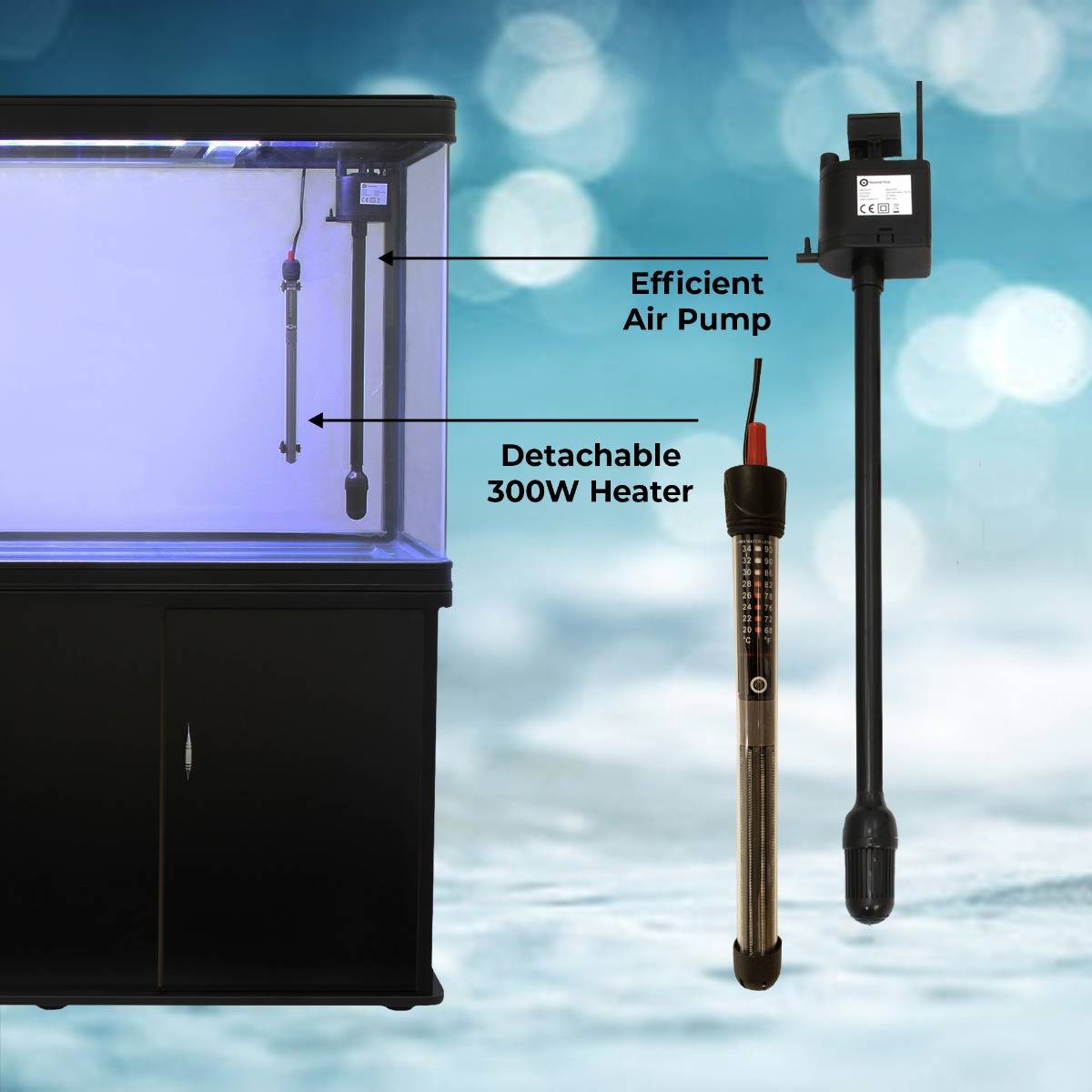 Acquario 300 Litri con Armadietto Nero e Kit con Fondale, Piante e Ghiaia Nera