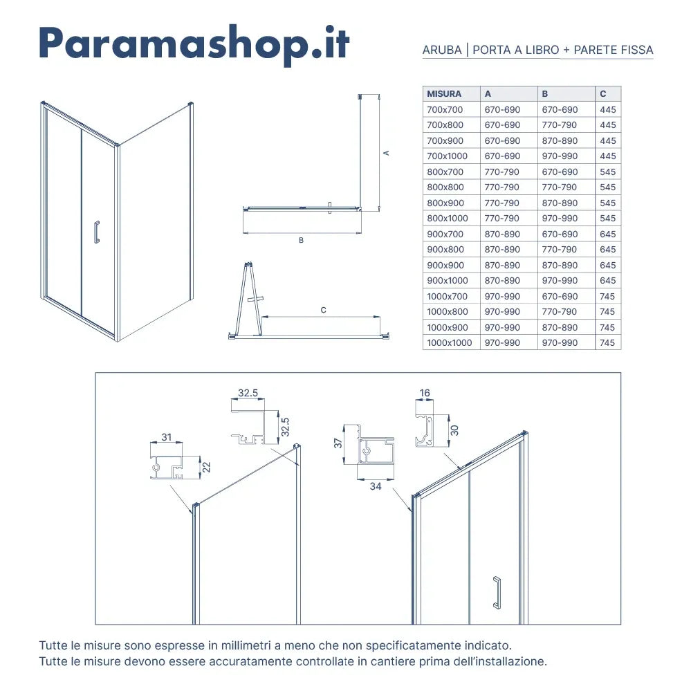 Box doccia 90x70 cm con apertura a libro vetro 6mm opaco h195 cm | Aruba