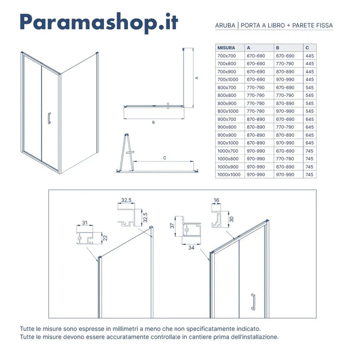 Box doccia 100x100cm con apertura a libro vetro 6mm trasparente h195 cm | Aruba