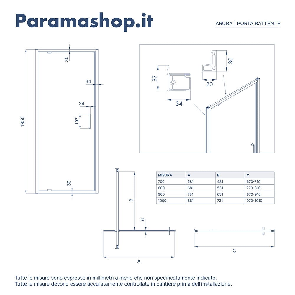 Porta doccia 80cm apertura a battente vetro 6mm opaco | Aruba 