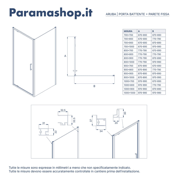 Box doccia 70x100 cm con apertura a battente vetro 6mm opaco h195 cm | Aruba