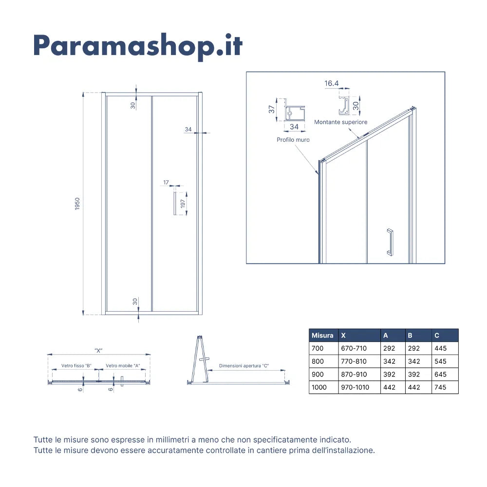 Porta doccia 70cm apertura a libro vetro 6mm trasparente  | Aruba