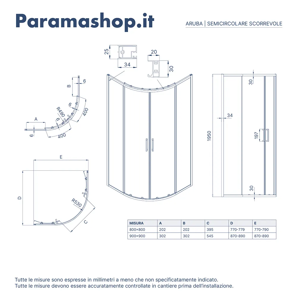 Box doccia semicircolare 90x90cm vetro 6mm trasparente | Aruba