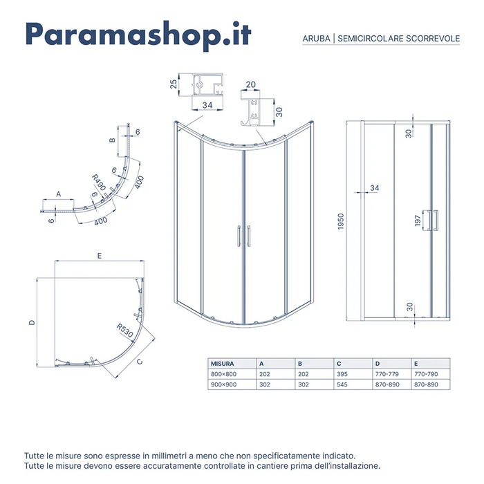 Box doccia semicircolare 90x90cm vetro 6mm trasparente | Aruba