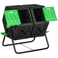 Compostiera da Giardino per Rifiuti Girevole 360°, Due Contenitori 130 L, in Acciaio e PP, 67 x 60 x 77 cm, Nero
