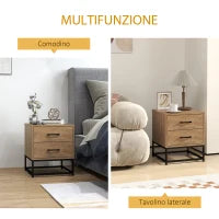 Set di 2 Comodini con 2 Cassetti Stile Industriale in Legno e Acciaio, Colore Legno