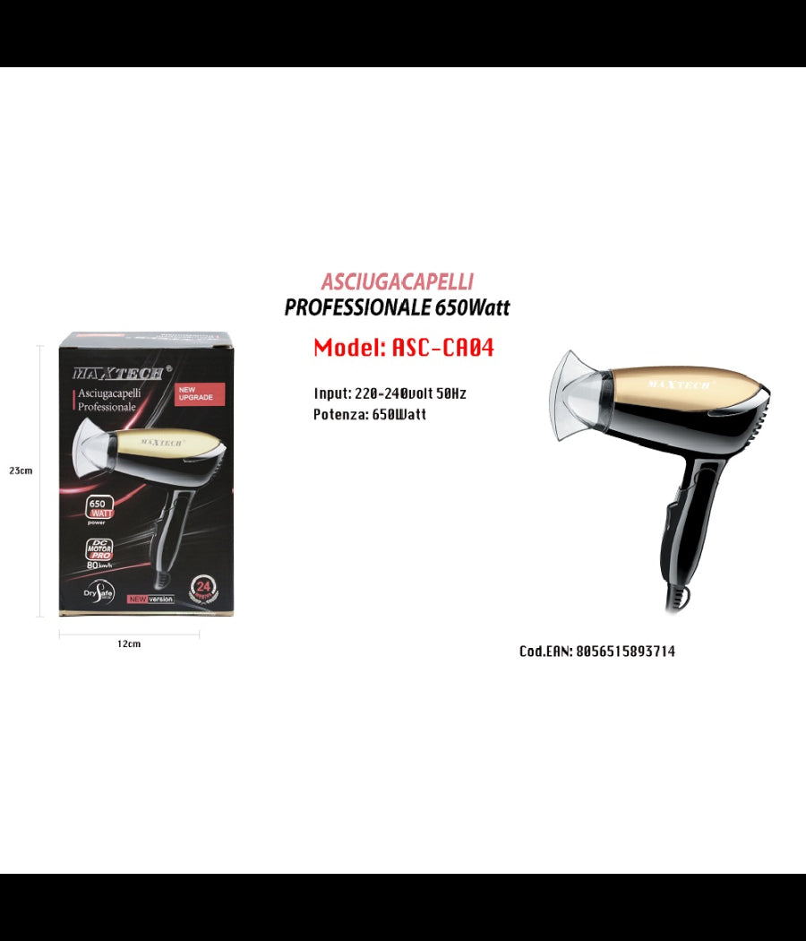 Asciugacapelli Da Viaggio 650w Pieghevole Phon Capelli Beccuccio Precisione Asc-ca04         