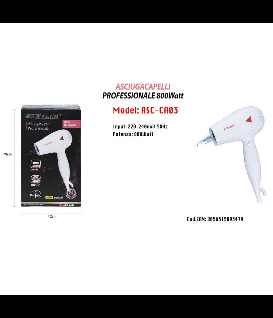 Asciugacapelli Da Viaggio 800w Pieghevole Phon Capelli Con Beccuccio Precisione Asc-ca03         