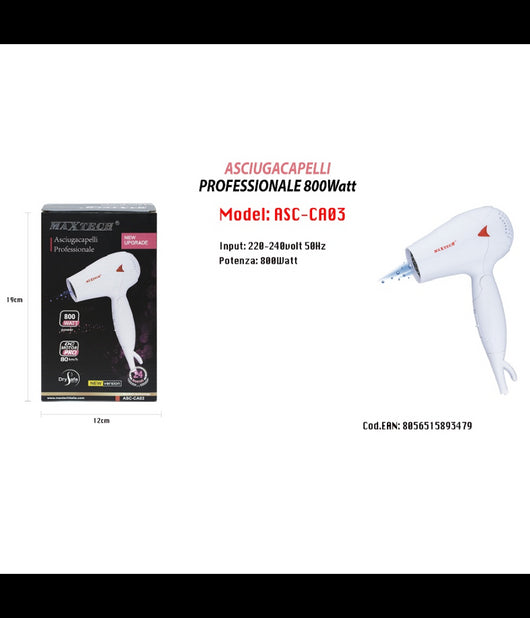 Asciugacapelli Da Viaggio 800w Pieghevole Phon Capelli Con Beccuccio Precisione Asc-ca03         