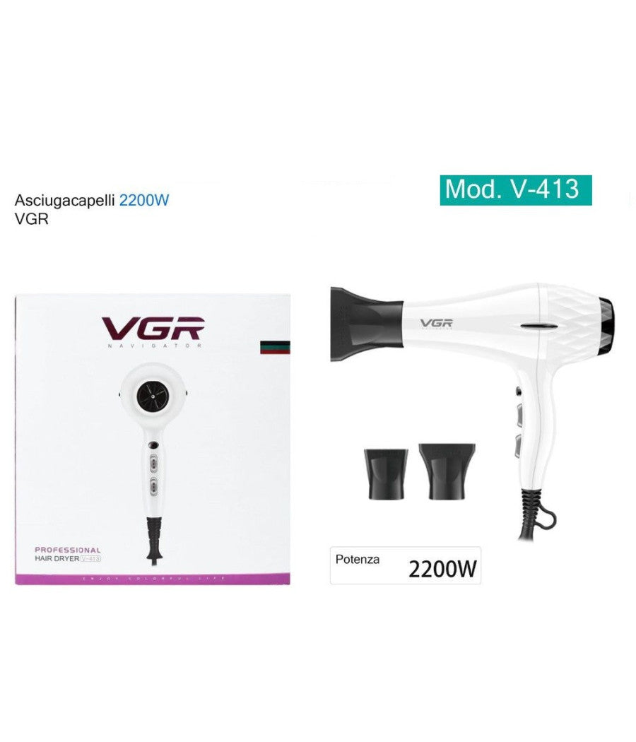 Asciugacapelli Phon Elettrico Professionale Ad Alta Potenza 2200w 2 Ugelli V-413         