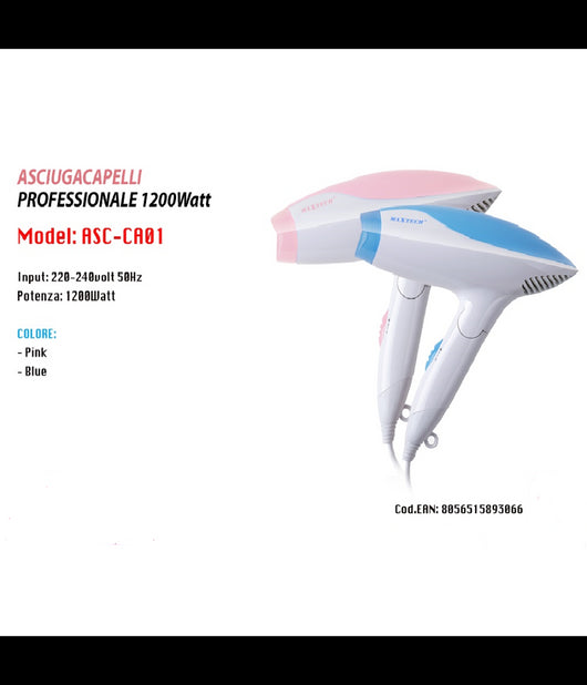 Asciugacapelli Professionale Maxtech Da Viaggio Pieghevole 1200w Capelli Asc-ca01         