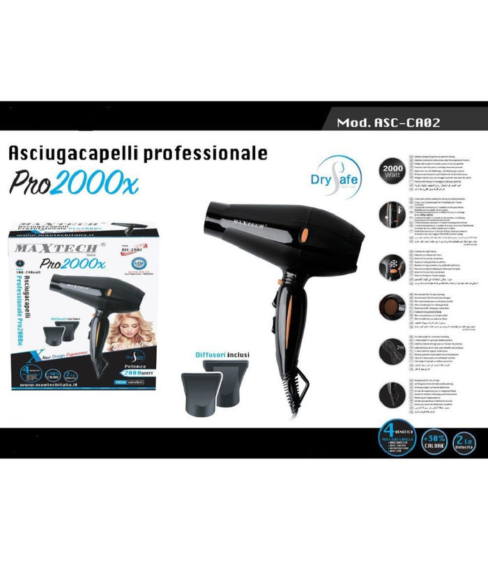 Asciugacapelli Professionale Phon 2000w Fono 3 Temperature 2 Velocità  Piega Asc-ca02         