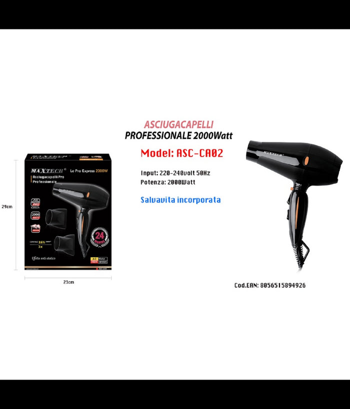 Asciugacapelli Professionale Phon 2000w Fono 3 Temperature 2 Velocità  Piega Asc-ca02         
