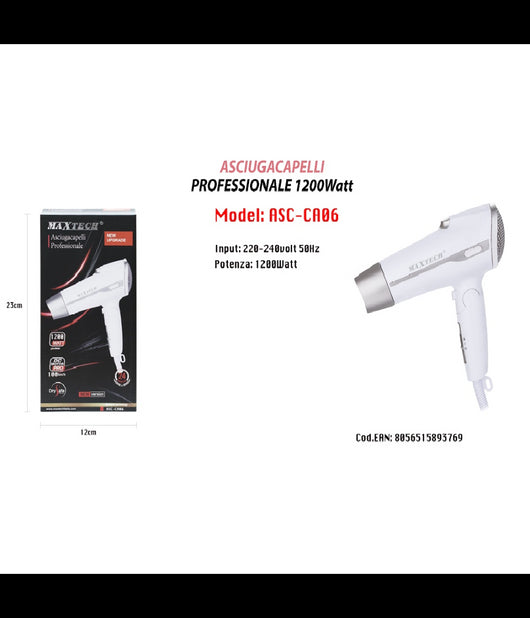 Asciugacapelli Viaggio 1200w Richiudibile Con Beccuccio Phon 100 Km/h Asc-ca06         