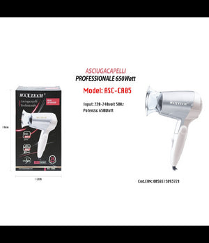 Asciugacapelli Viaggio 650w Richiudibile Beccuccio Di Precisione Phon Asc-ca05         