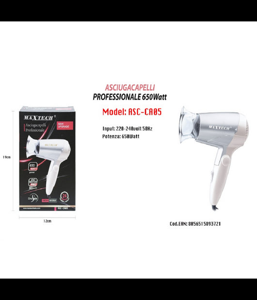 Asciugacapelli Viaggio 650w Richiudibile Beccuccio Di Precisione Phon Asc-ca05         
