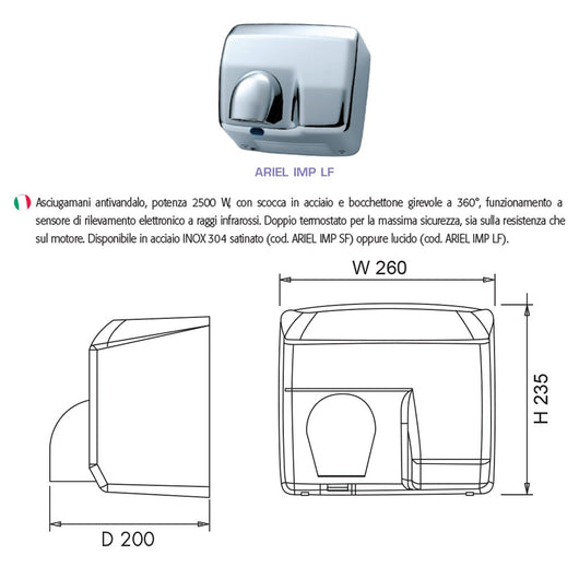 Asciugamani elettrico antivandalo in acciaio inox lucido 2500W