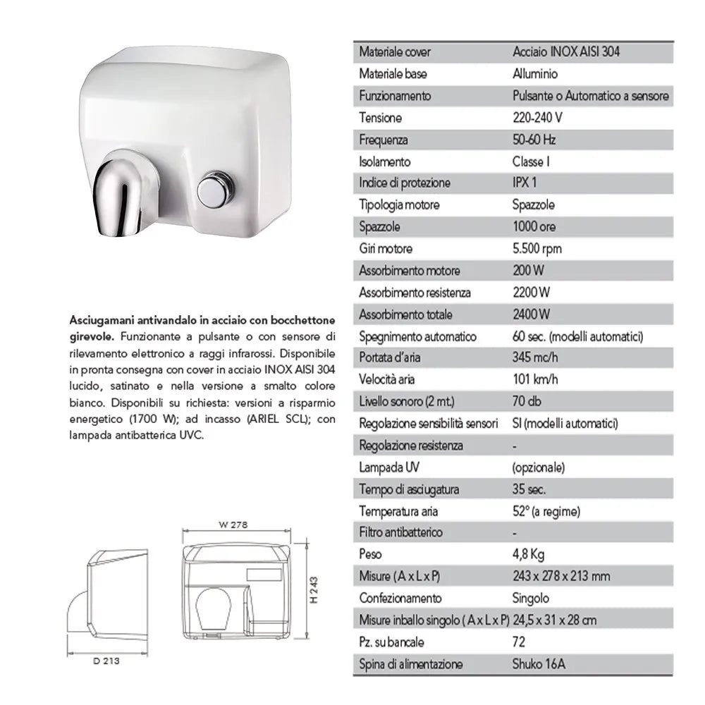 Asciugamani elettrico con pulsante 2400W in acciaio bianco