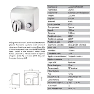Asciugamani elettrico con pulsante 2400W in acciaio bianco