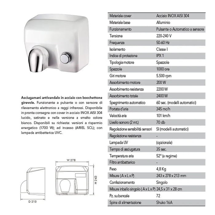 Asciugamani elettrico con pulsante 2400W in acciaio bianco