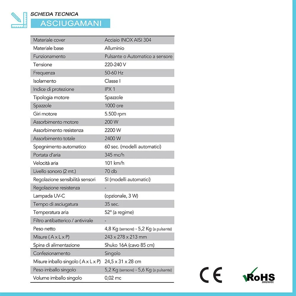Asciugamani elettrico con sensore 2400W in acciaio bianco lucido