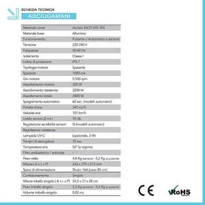 Asciugamani elettrico con sensore 2400W in acciaio bianco lucido