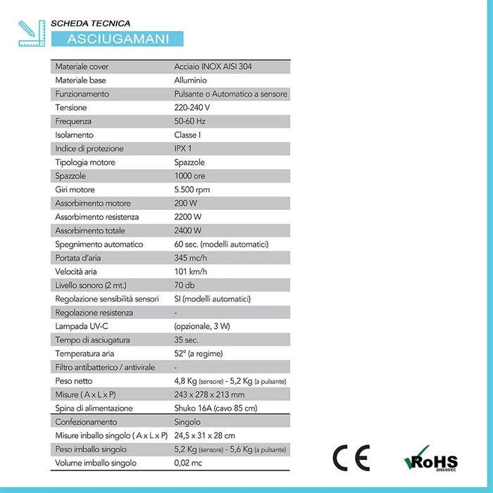 Asciugamani elettrico con sensore 2400W in acciaio bianco lucido
