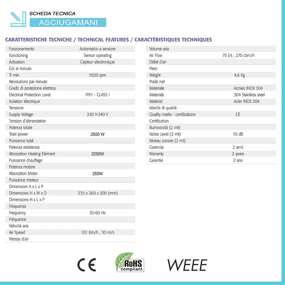 Asciugamani elettrico con sensore 2400W in acciaio inox satinato
