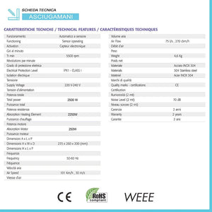 Asciugamani elettrico con sensore 2400W in acciaio inox satinato