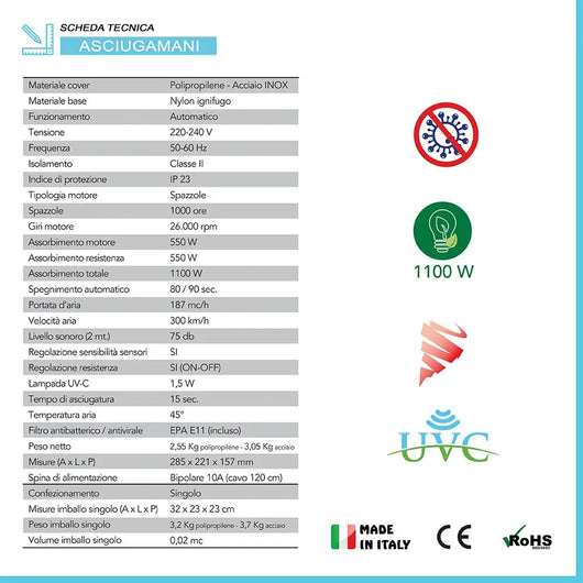 Asciugamani elettrico con sensore fotocellula 1100W ultra veloce nero