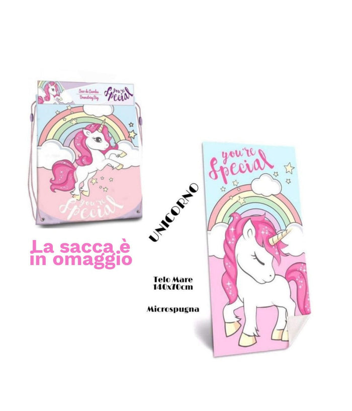 Telo Mare In Cotone Unicorni + Sacca In Omaggio Asciugamano Mare Piscina Bambine         