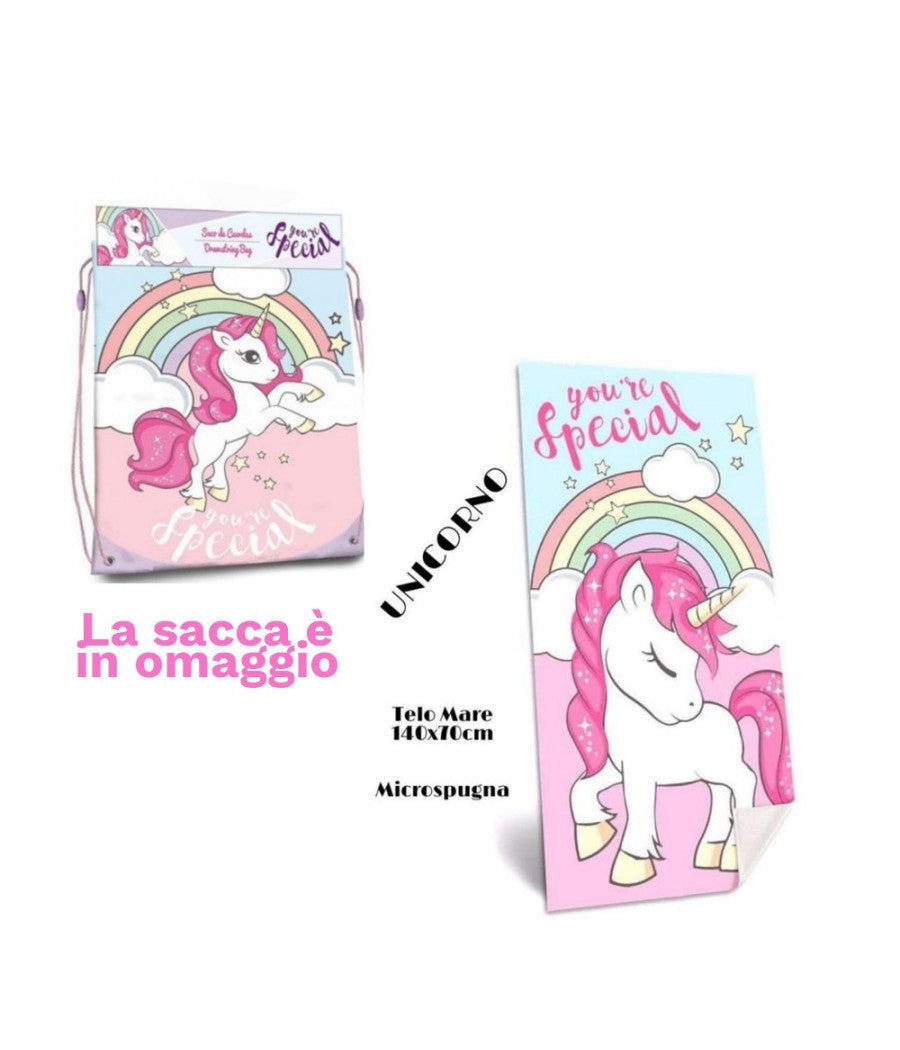 Telo Mare In Cotone Unicorni + Sacca In Omaggio Asciugamano Mare Piscina Bambine         