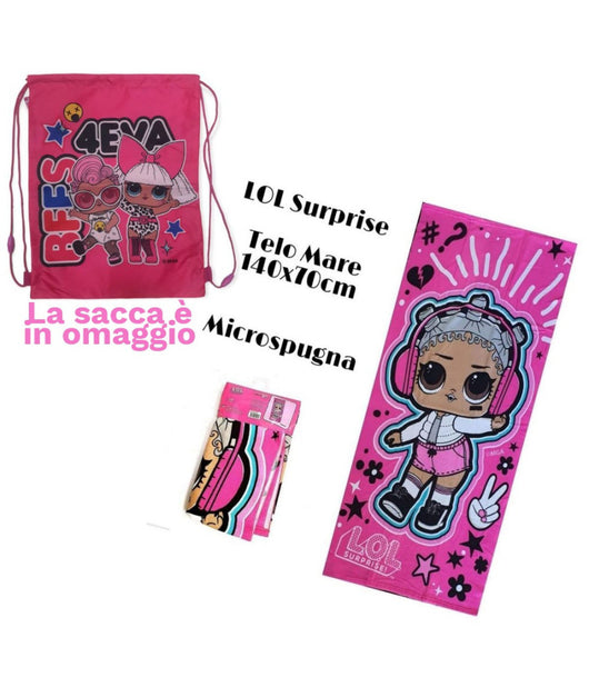 Telo Mare In Cotone Lol Surprise + Sacca In Omaggio Asciugamano Mare Piscina Lol         